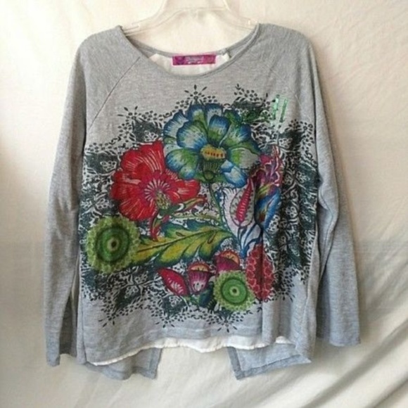Desigual Tops - Desigual | Gray Floral Print Sequin Top